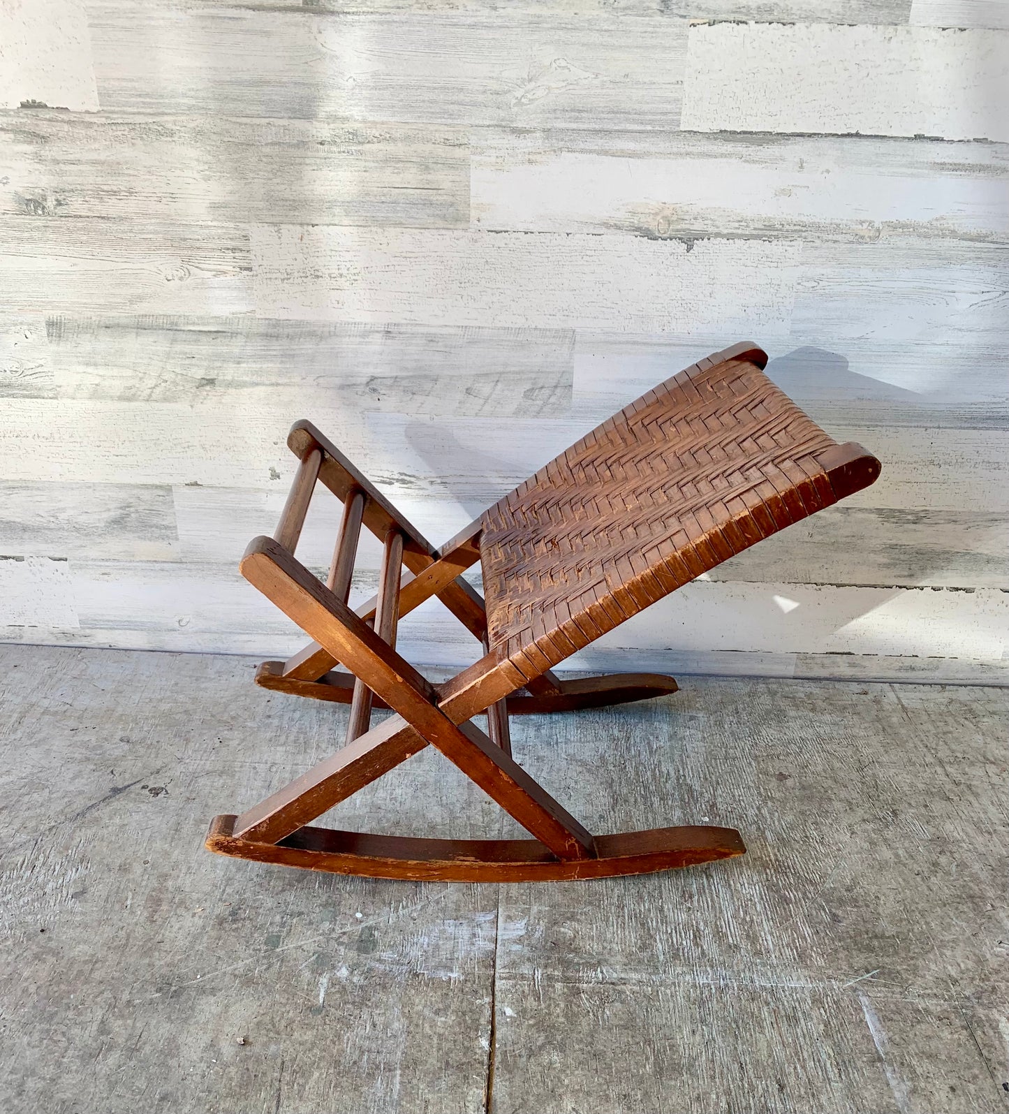 Antique Leather and Wood Foot Rest Rocker