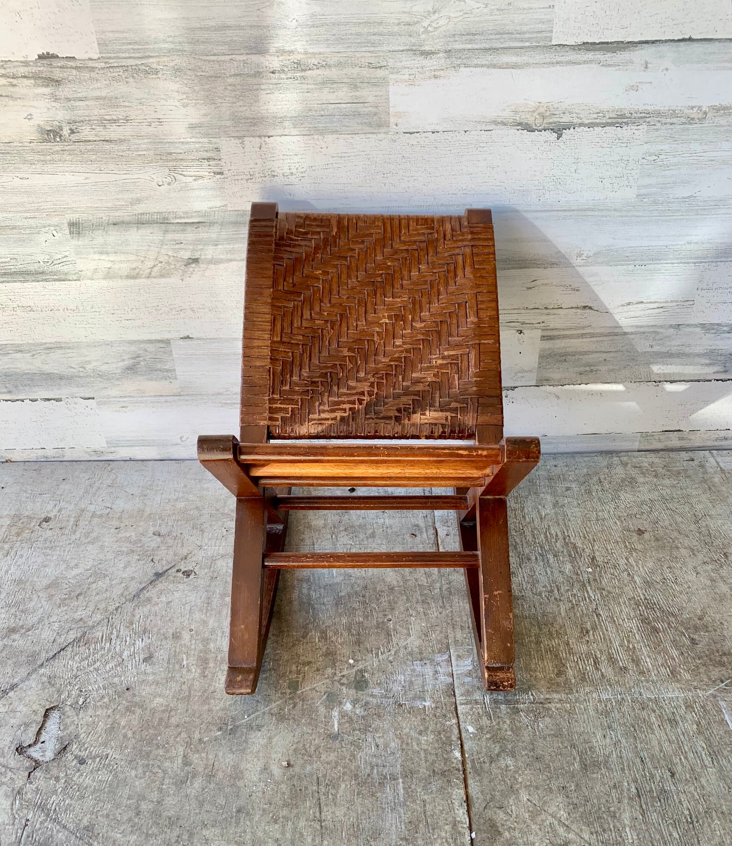 Antique Leather and Wood Foot Rest Rocker