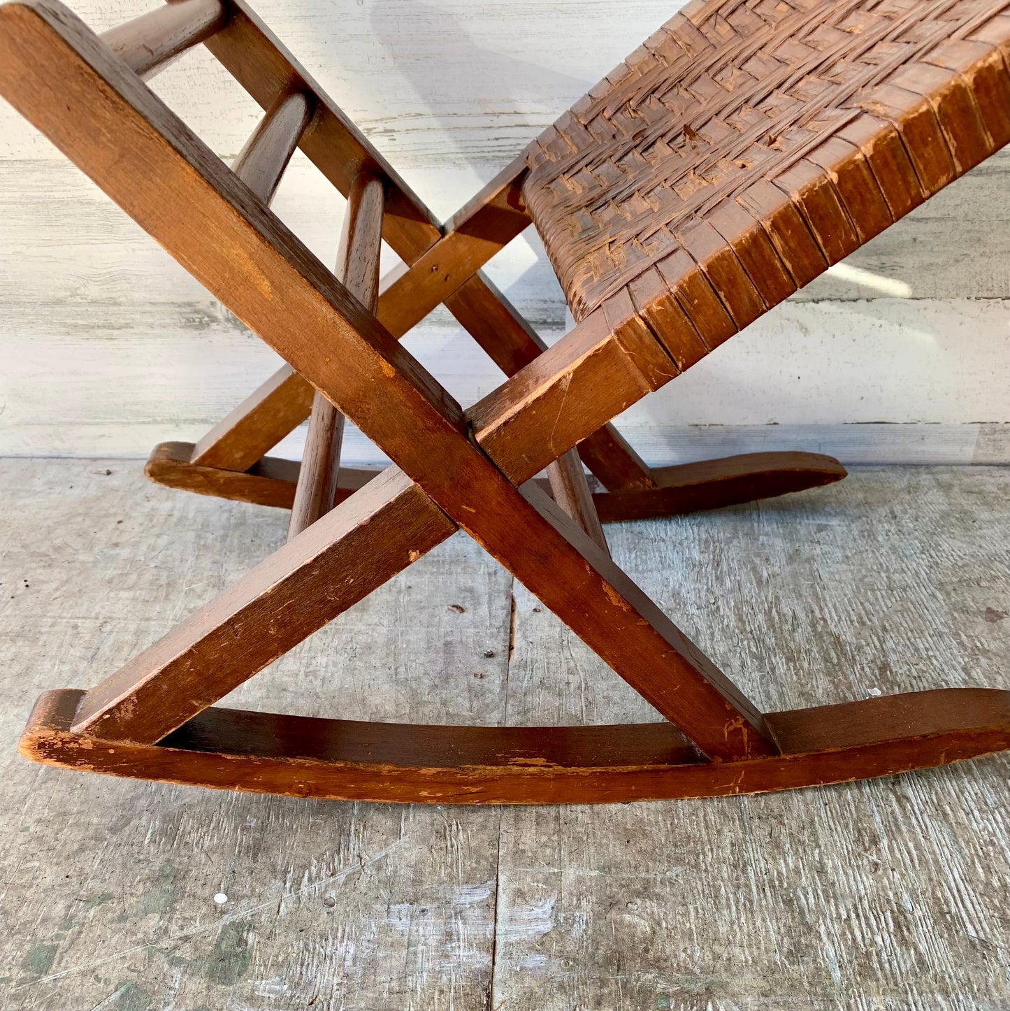 Antique Leather and Wood Foot Rest Rocker