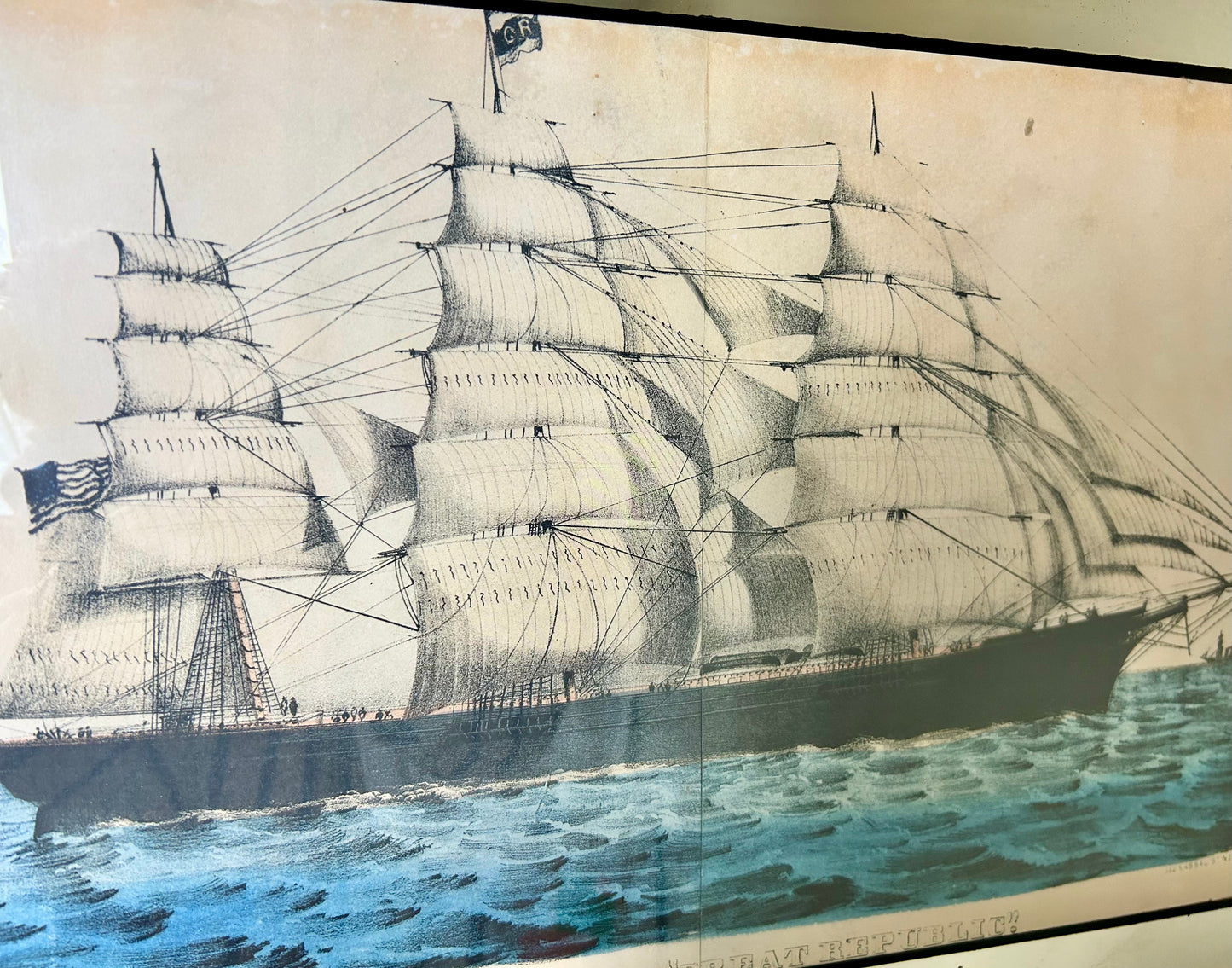 Vintage Mirrored Frame Ship Artwork