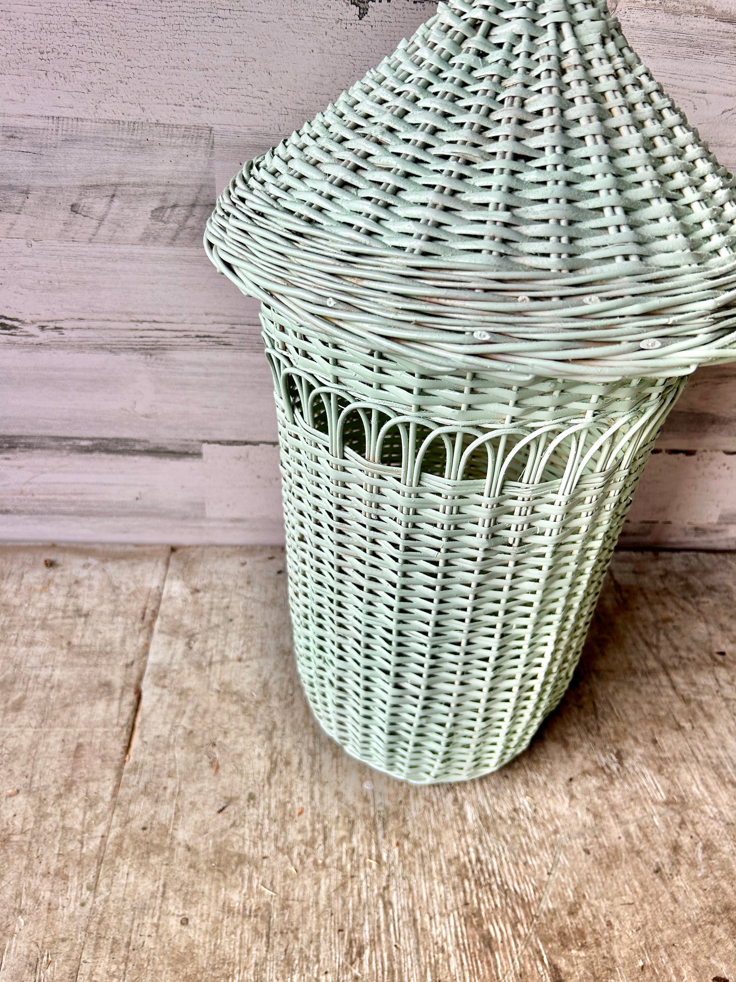 Vintage Mint Green Rattan Laundry/Linen Basket