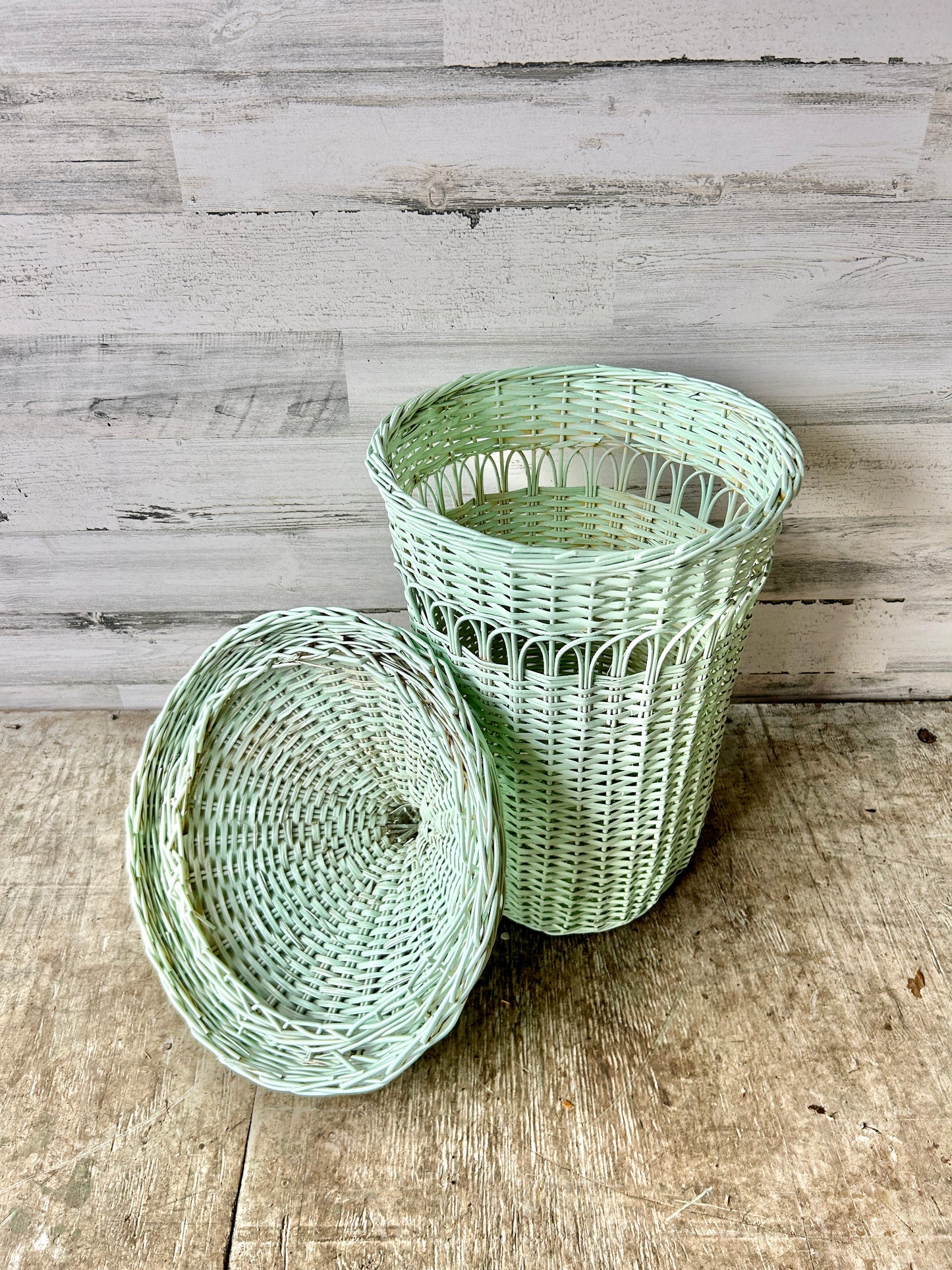Vintage Mint Green Rattan Laundry/Linen Basket