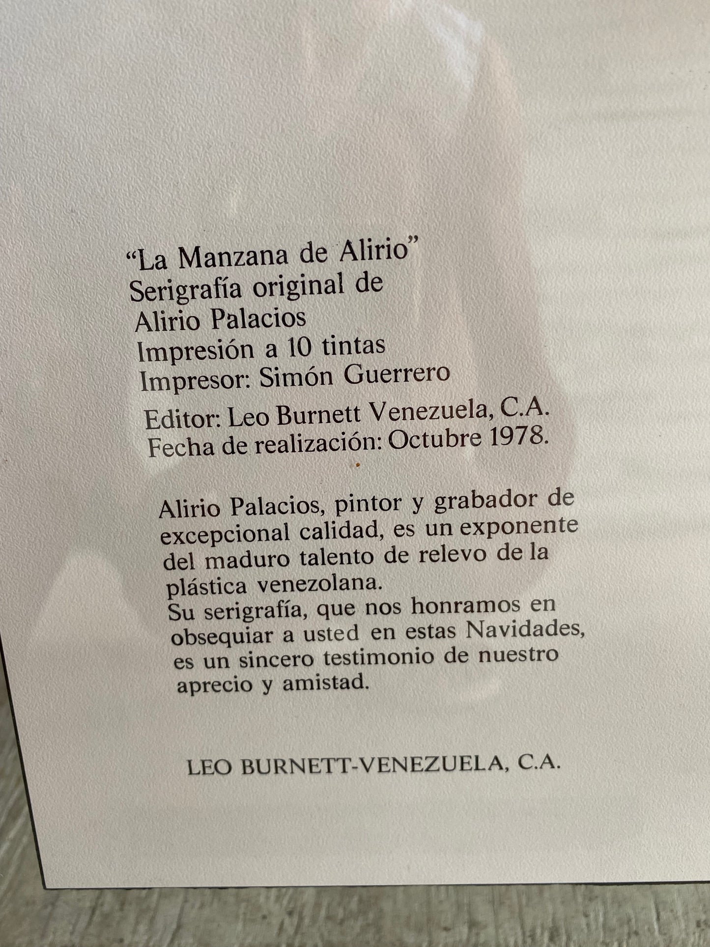 Mid 20th Century "The Apple of Alirio" Numbered Serigraph by Alirio Palaxios, Framed