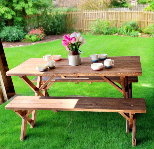 Vintage Hand Made Wood Table With Benches