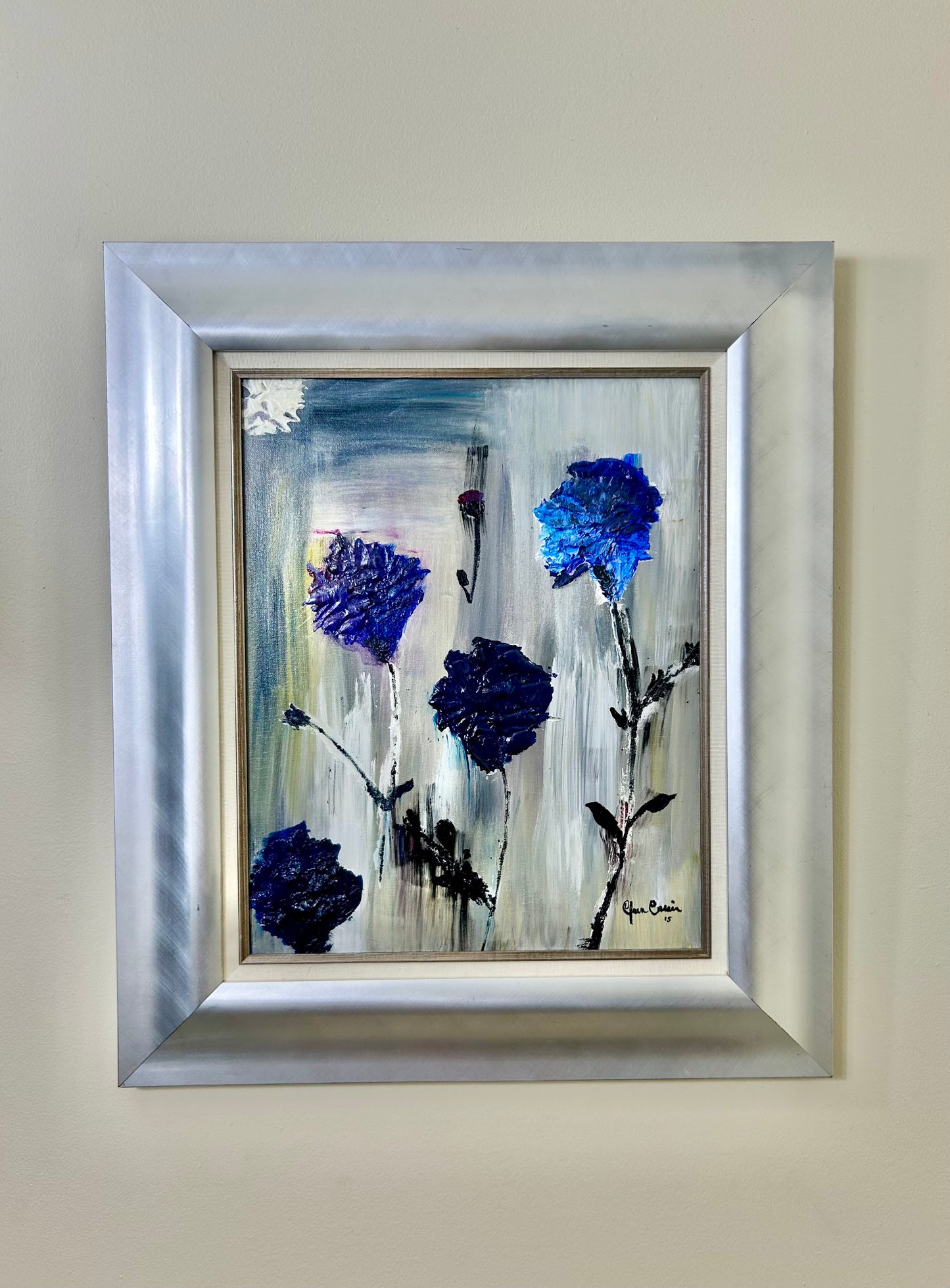 Vintage Hand Painted Blue Floral Artwork