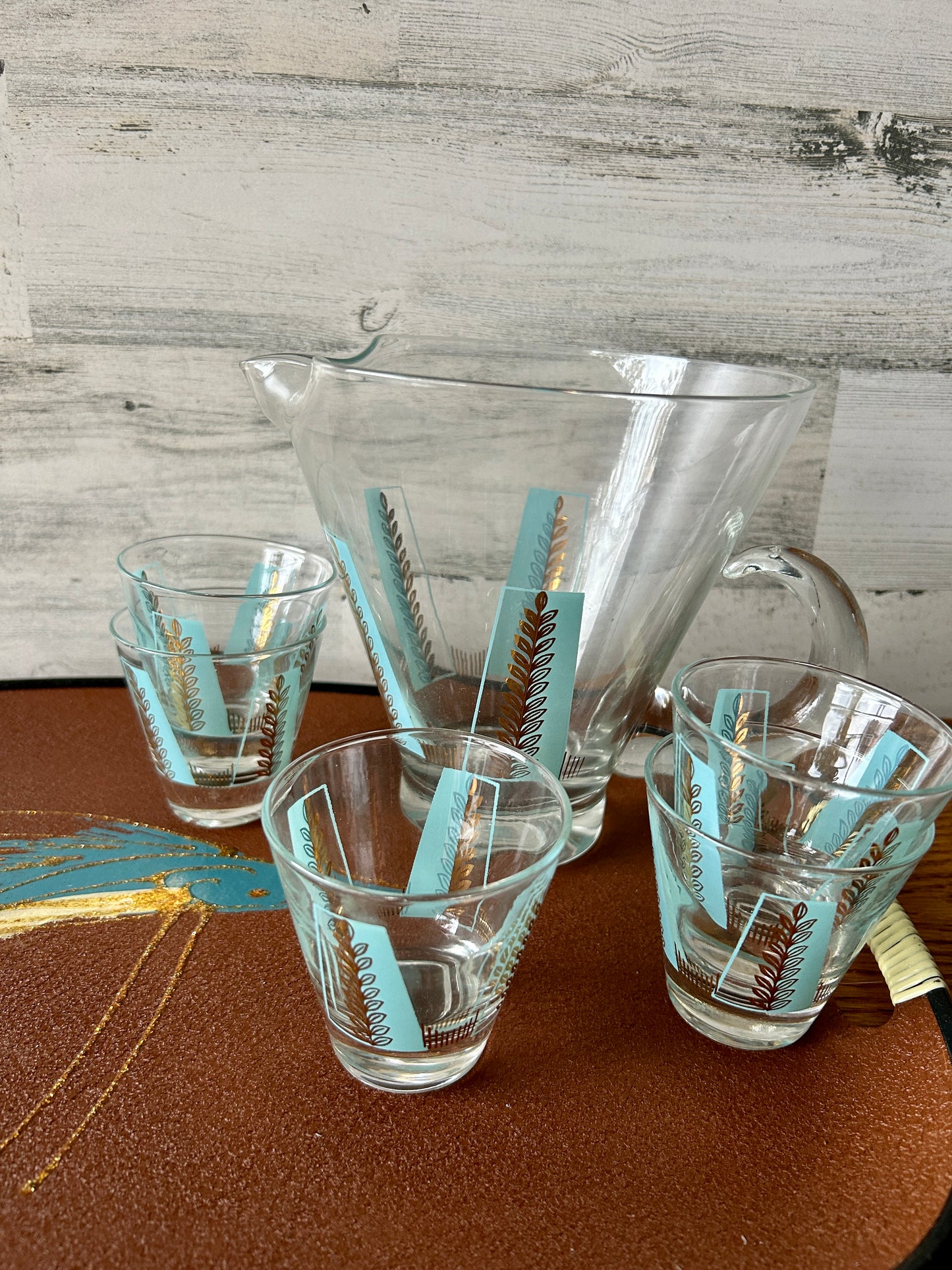 Mid Century Turquoise Martini Pitcher with Glasses