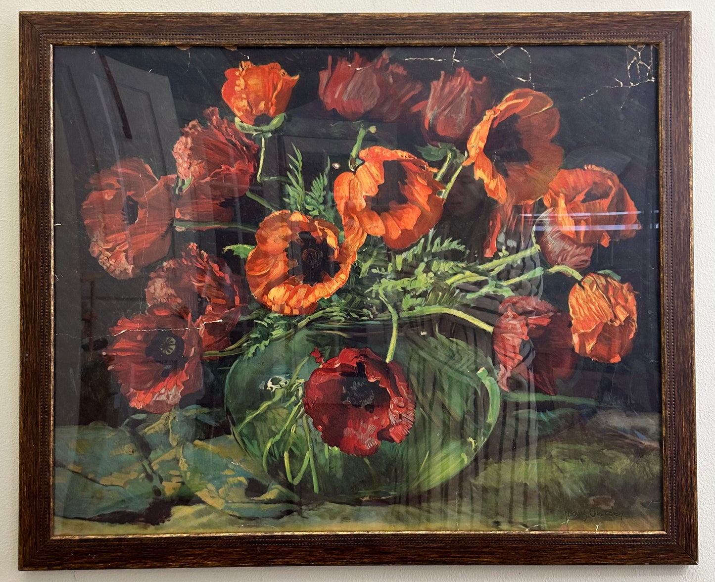 Antique Framed Red Floral Artwork