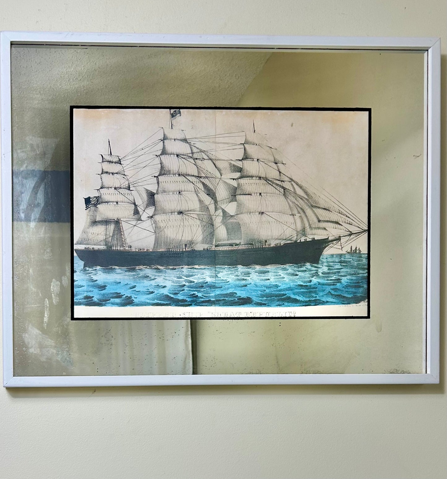 Vintage Mirrored Frame Ship Artwork