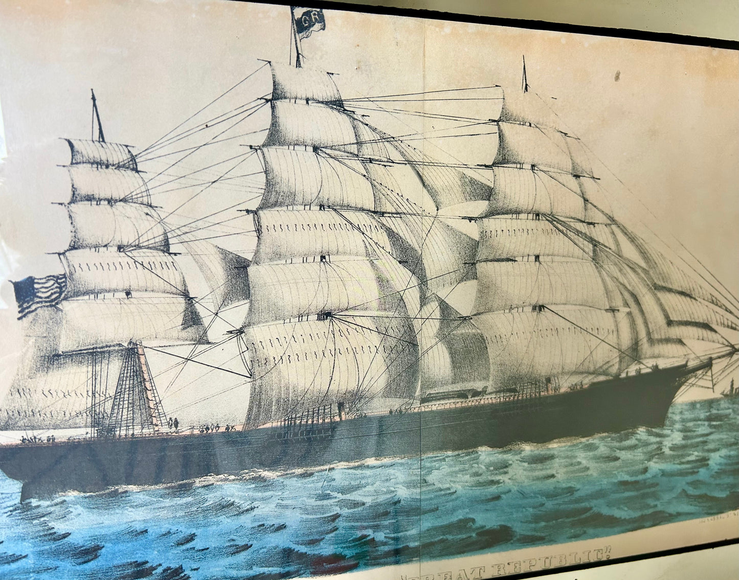 Vintage Mirrored Frame Ship Artwork