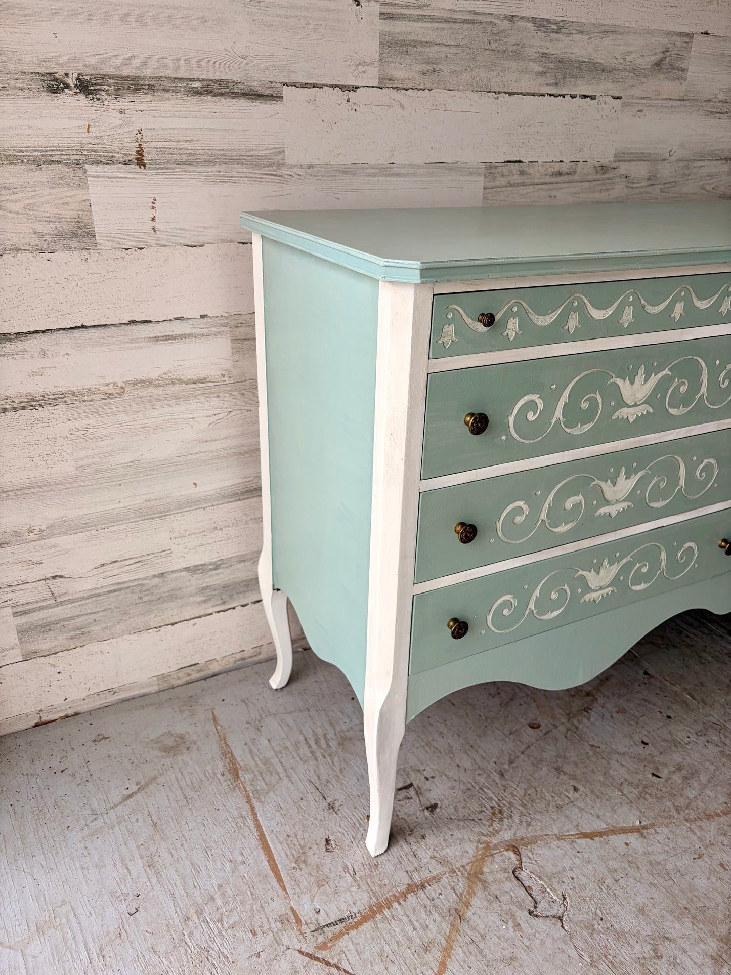 Vintage French Blue Carved Wood Dresser Buffet