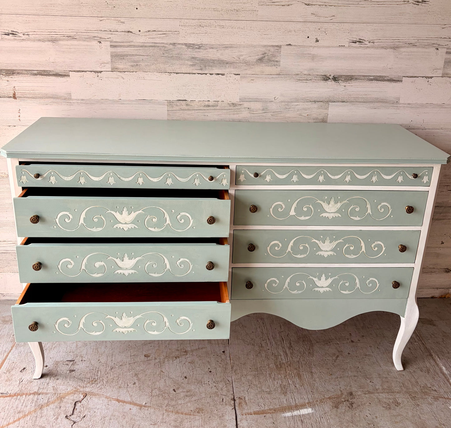 Vintage French Blue Carved Wood Dresser Buffet