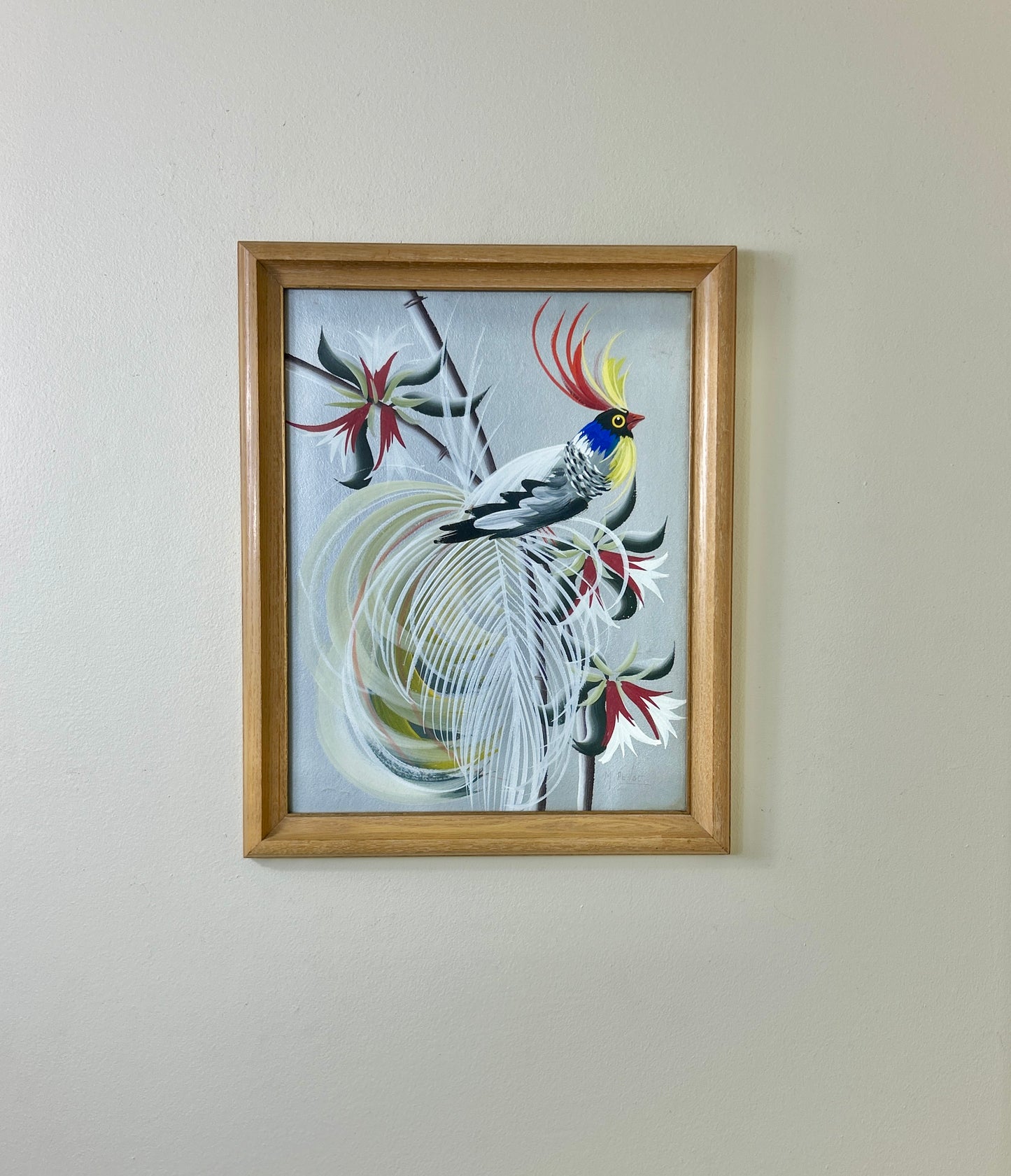 Hand Painted Mid Century Modern Metallic Bird Artwork/ M. Devoe