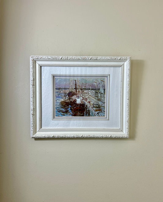Vintage Framed Impressionist Boat Print Artwork